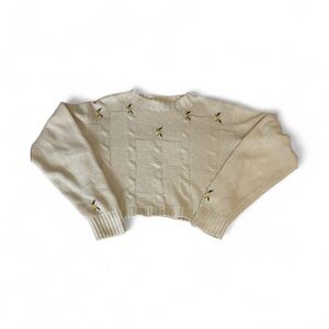 SHEIN Cream Cable Knit Sweater with Floral Embroidery